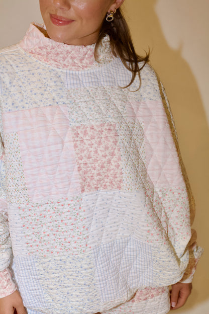 *PREORDER* Sabrina Quilted Mockneck Sweatshirt- Pastel Pink Multi