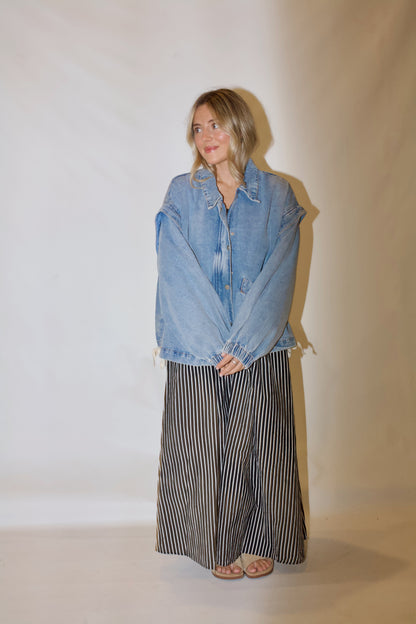 Pep Rally Denim Bomber Jacket- Light Wash