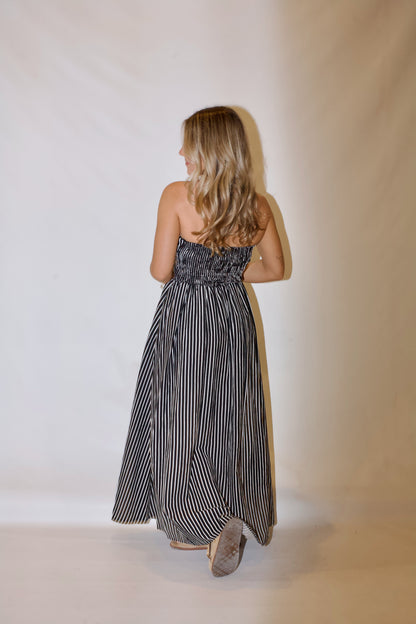 Playing Time Striped Midi Dress-Black/White