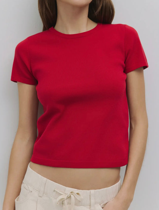 Clem Semi Cropped Sweater Top- Red