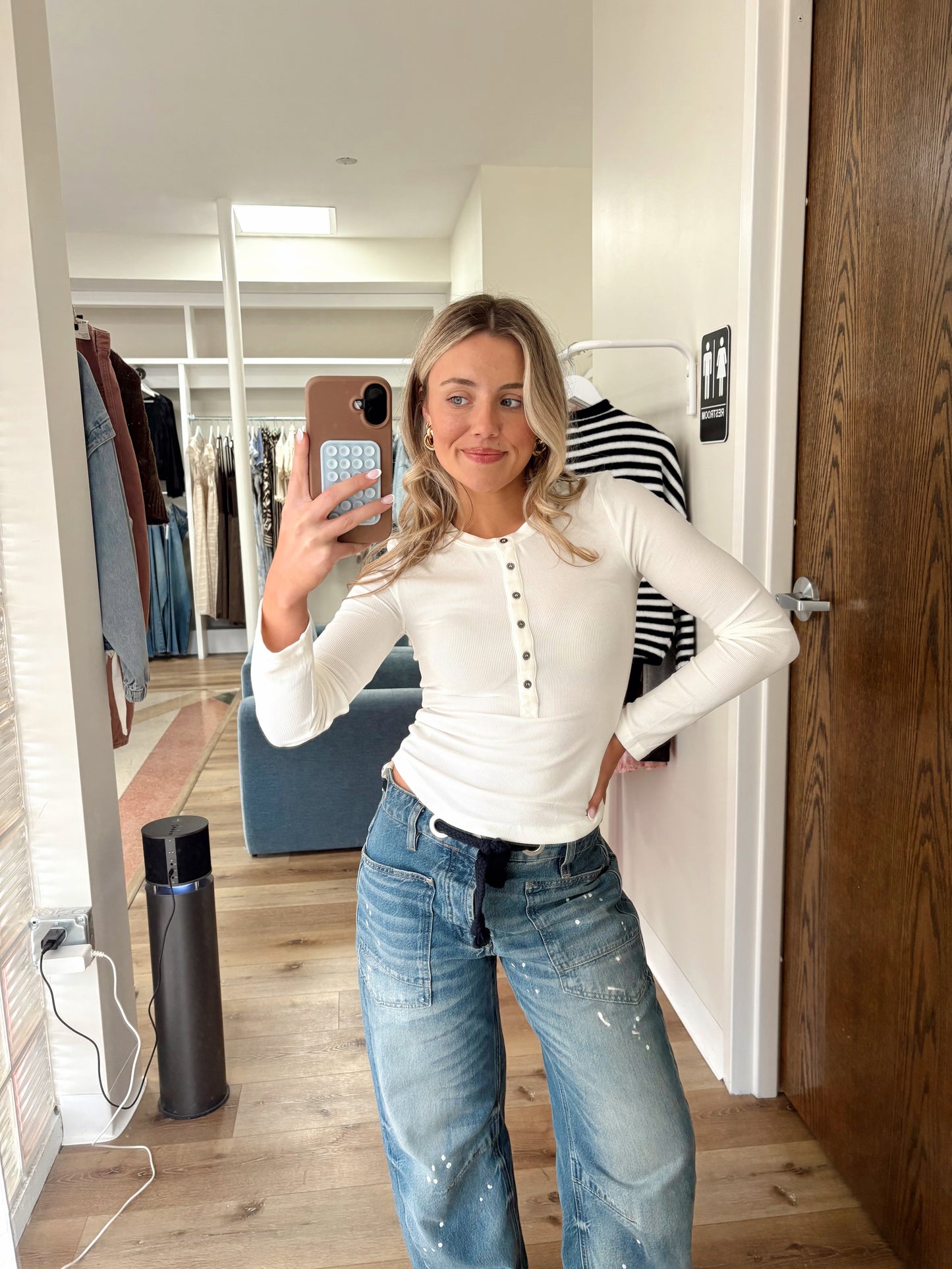 Tell Me More Ribbed Henley- White