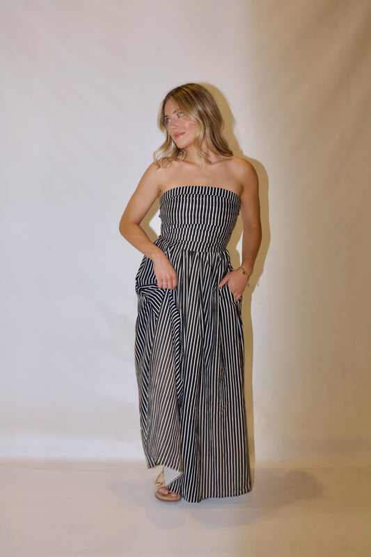 Playing Time Striped Midi Dress-Black/White