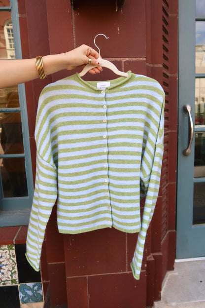 Piper Cardigan- Striped Matcha & Sky Blue