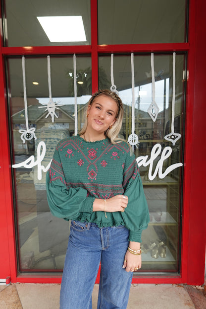 Holly Long Sleeve Knit Top-Green Combo