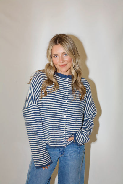 Piper Cardigan- Striped Denim Blue