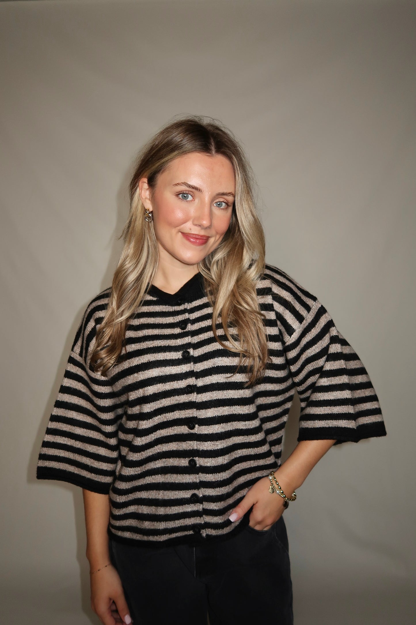 Monica Cardigan-Black/Taupe Stripe