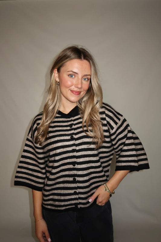 Monica Cardigan-Black/Taupe Stripe