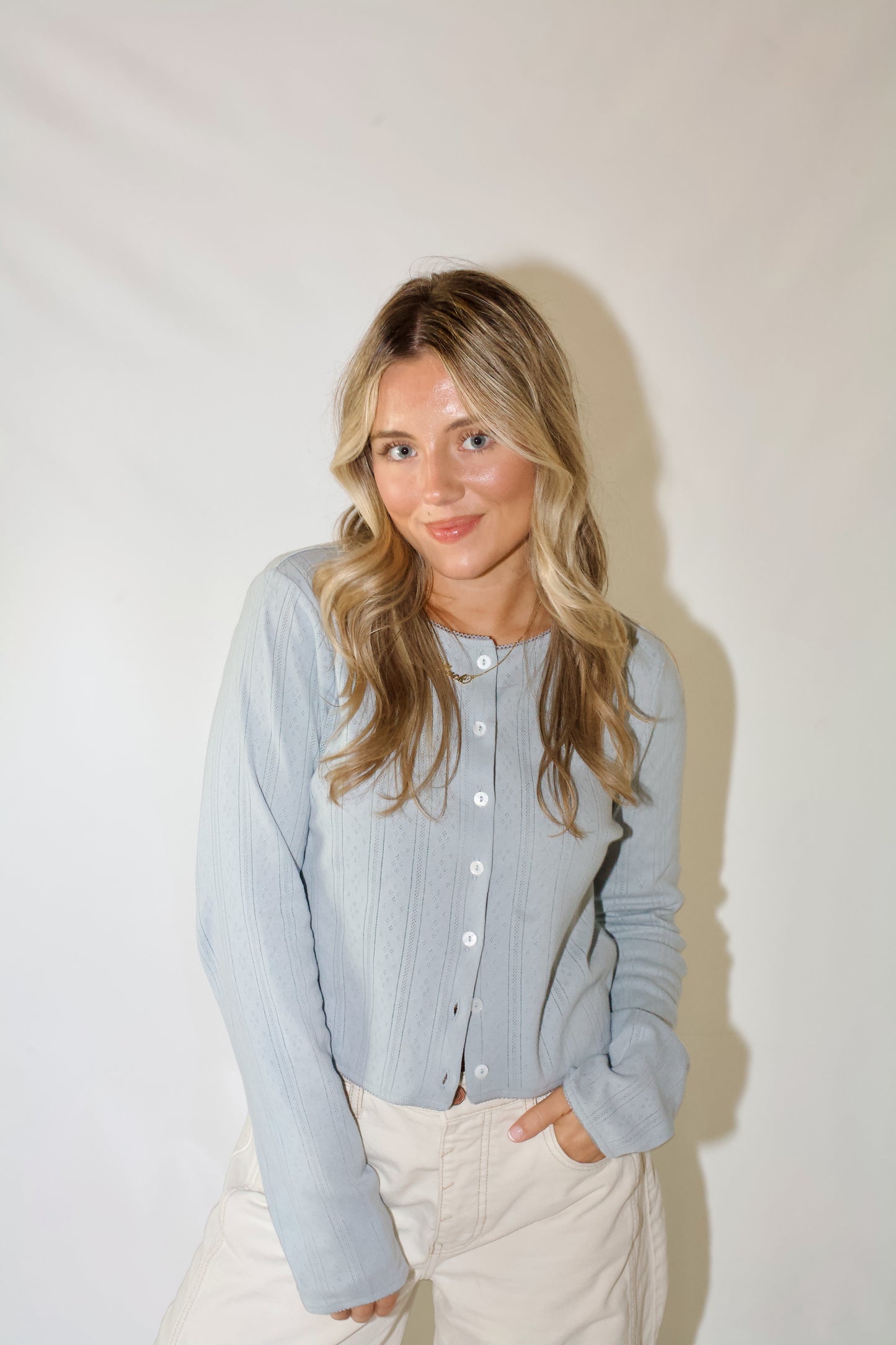 Pillow Talk Pointelle Cardi- Dusty Blue