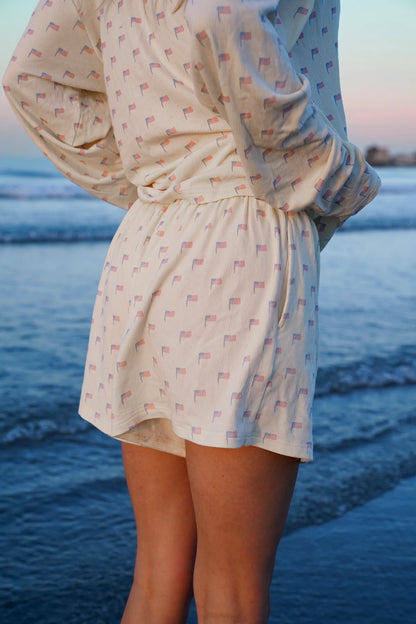 American Flag Pajama Shorts- Cozy White