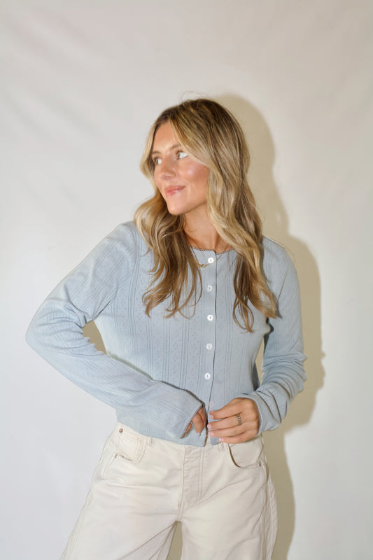 Pillow Talk Pointelle Cardi- Dusty Blue