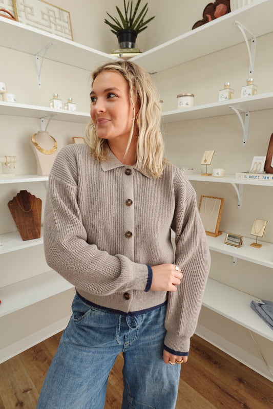 Holli Cardigan- Taupe/Navy