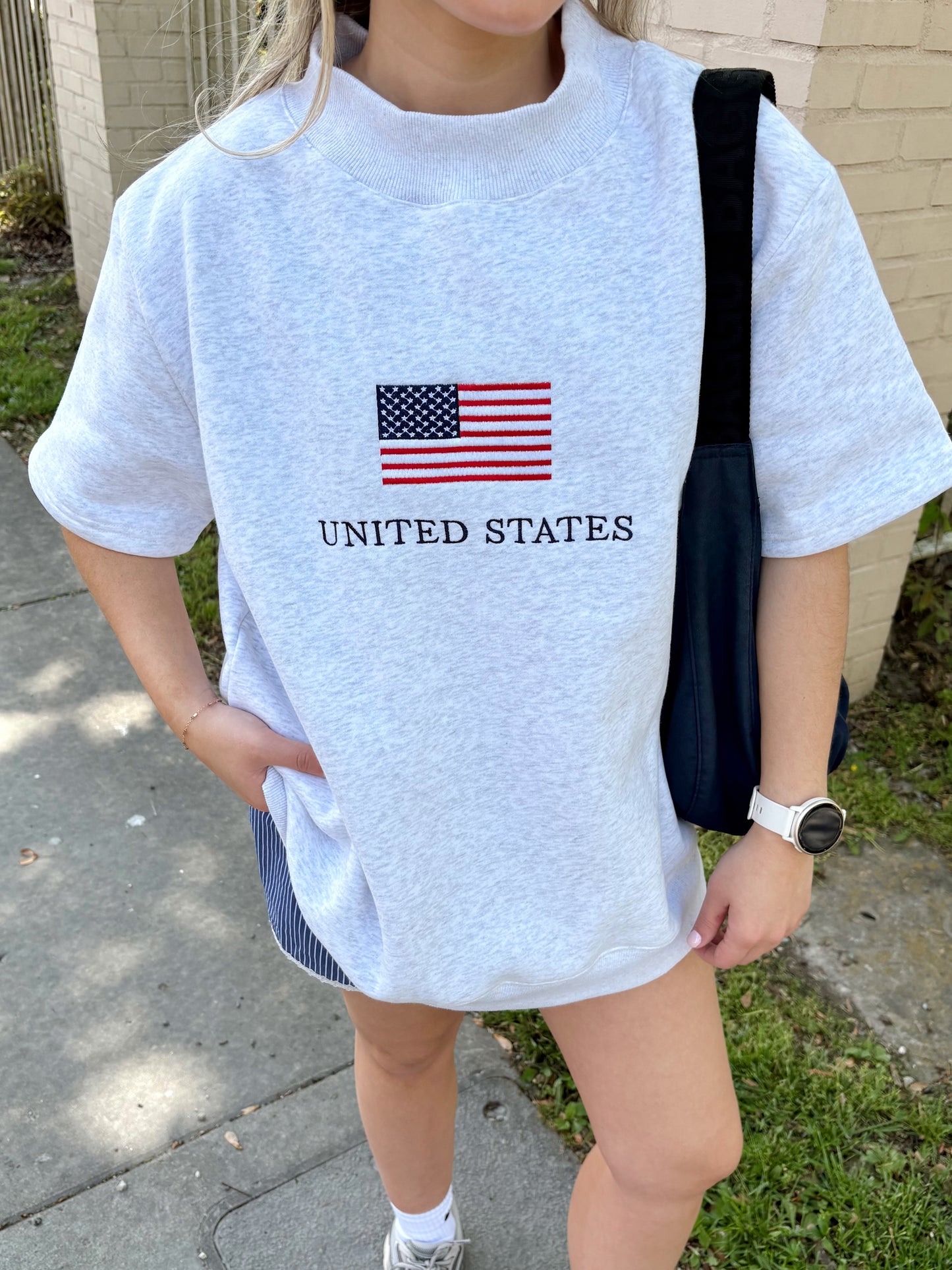 USA Flag Mockneck Short Sleeve- Heather Grey