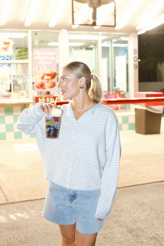 Piper Cardigan- Striped Ocean Blue