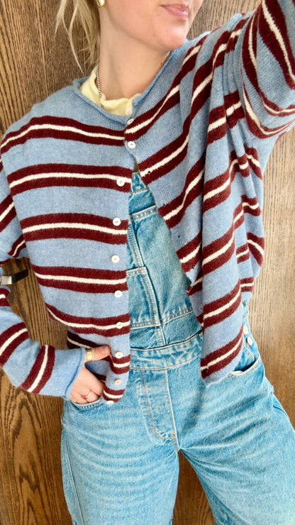 Piper Cardigan- Muti Striped Dusty Blue