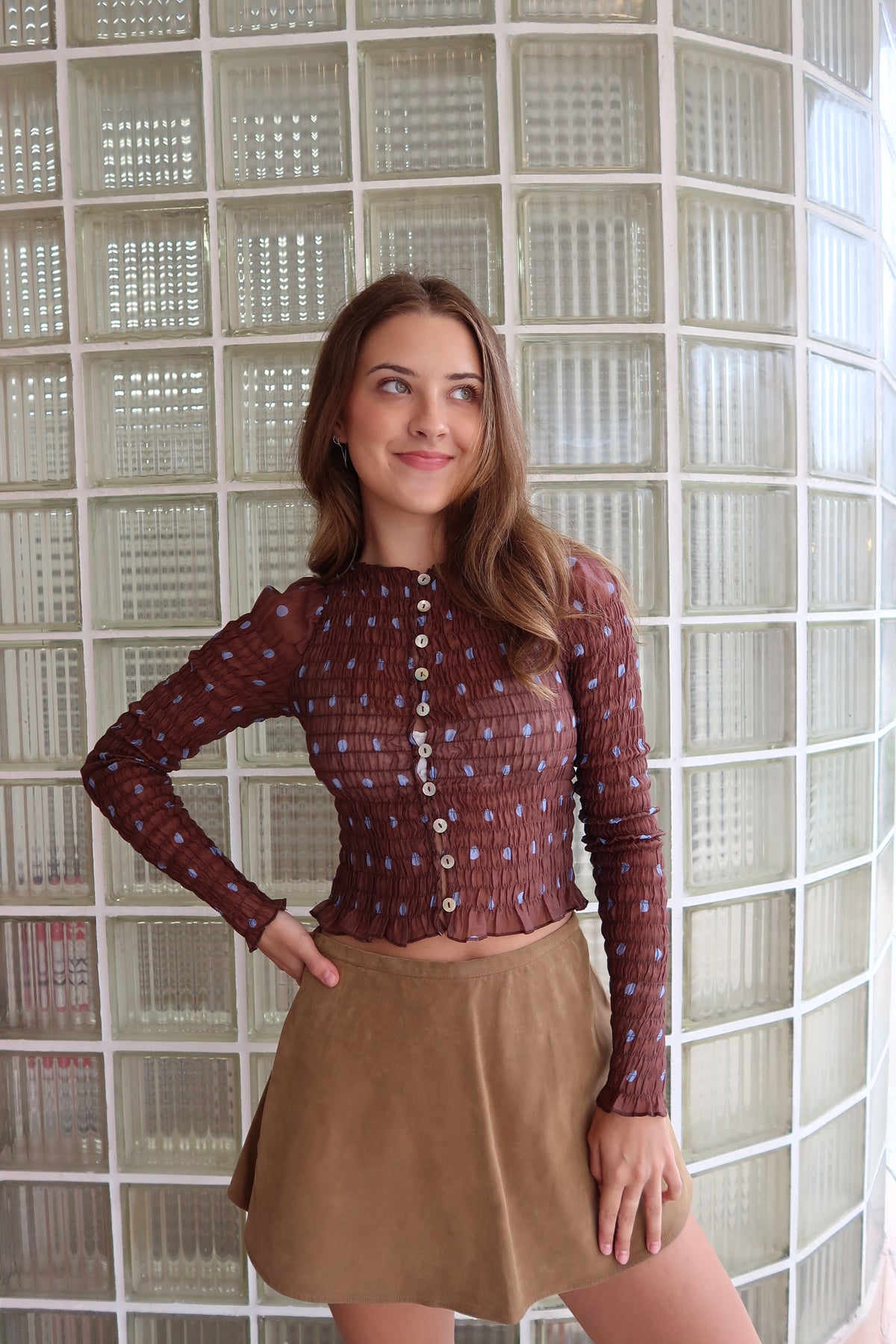 Ashton Smocked Top- Brown/Blue Combo
