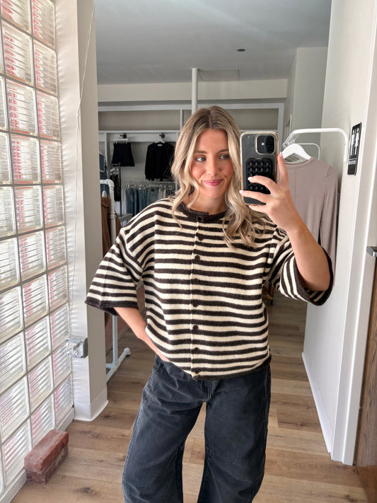 Monica Cardigan-Brown/Ivory Stripe