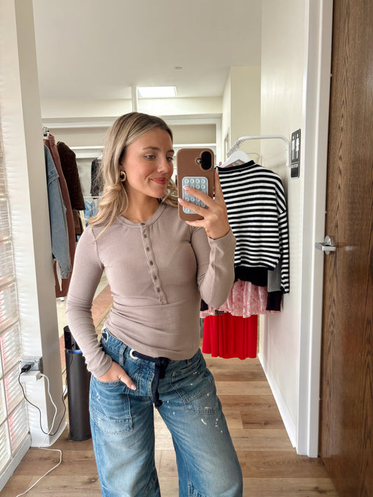Tell Me More Ribbed Henley- Mocha
