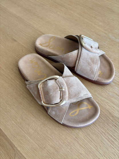 Darla Buckle Slide Sandal- Cyprus Tan Suede