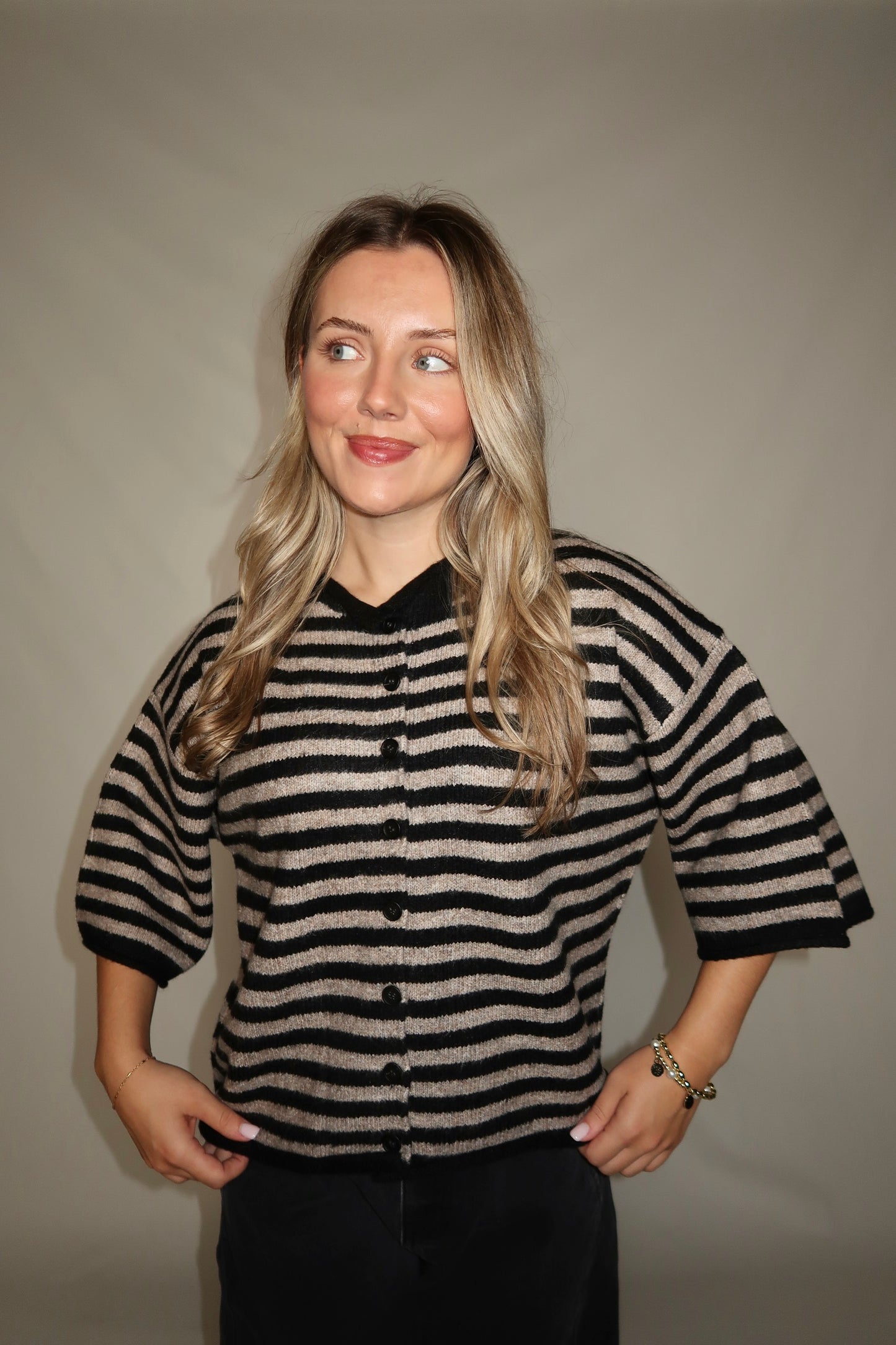 Monica Cardigan-Black/Taupe Stripe