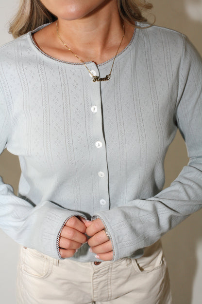 Pillow Talk Pointelle Cardi- Dusty Blue