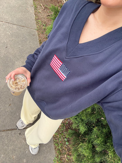 American Flag V-Neck Sweatshirt- Navy Blue