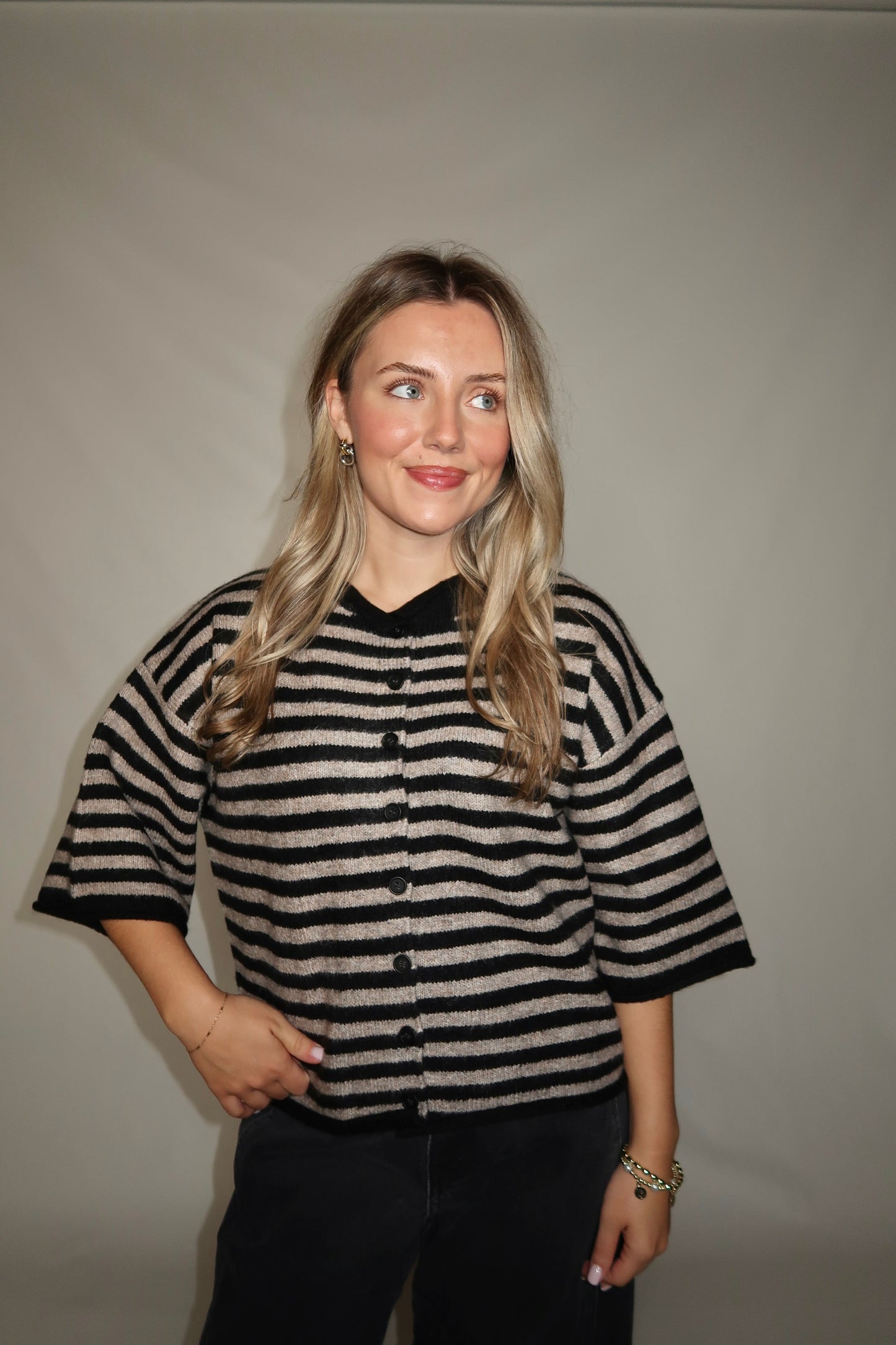 Monica Cardigan-Black/Taupe Stripe