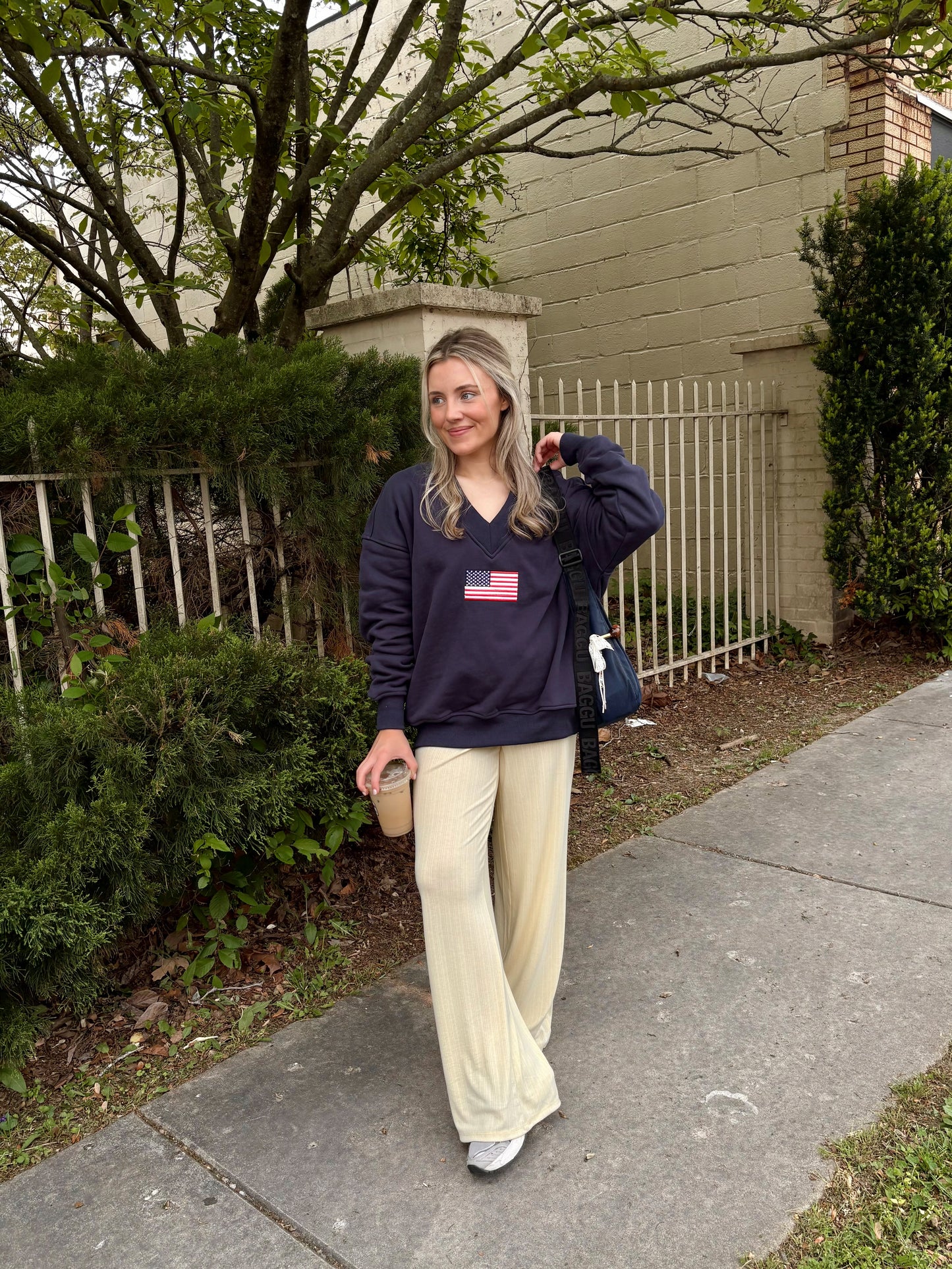 American Flag V-Neck Sweatshirt- Navy Blue