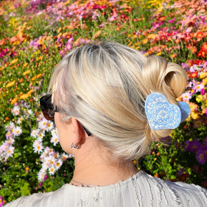 Paisley Heart Claw Clip-Blue