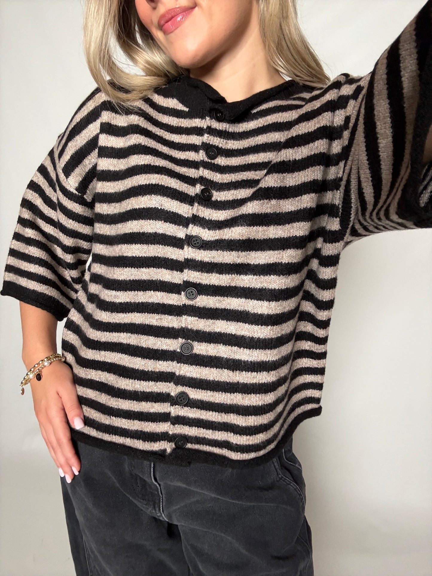 Monica Cardigan-Black/Taupe Stripe