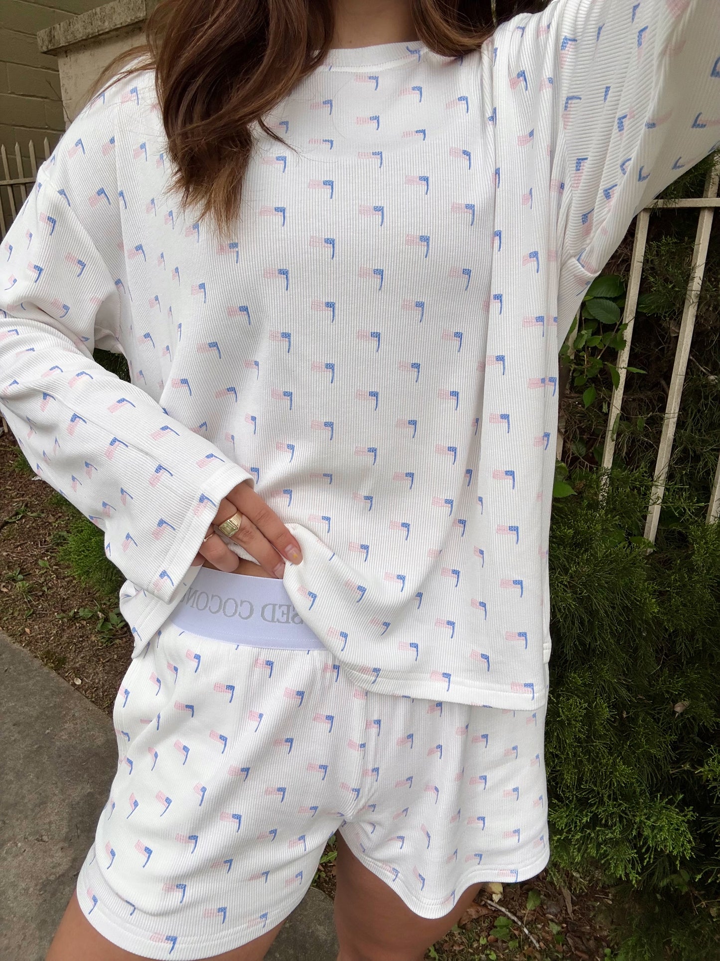 American Flag Pajama Shorts- Cozy White