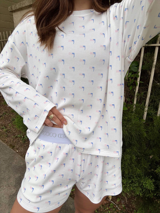 American Flag Pajama Shorts- Cozy White