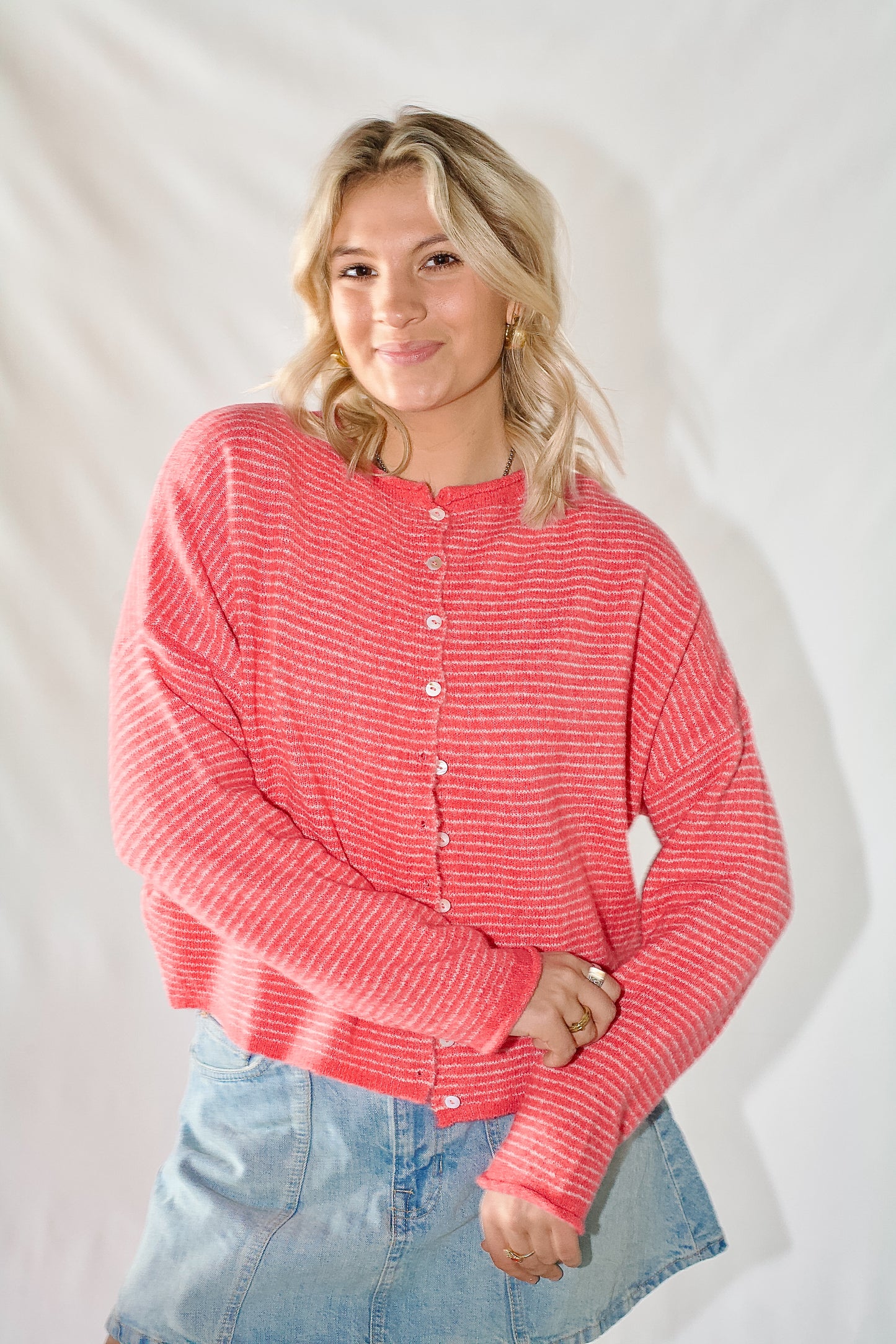 Piper Cardigan- Pin Striped Bubblegum Pink