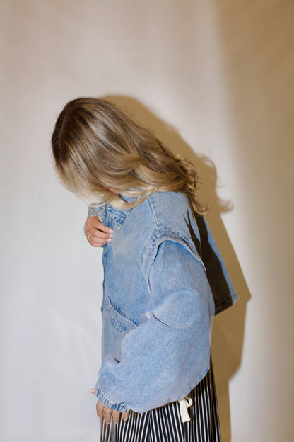 Pep Rally Denim Bomber Jacket- Light Wash