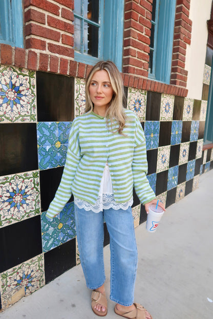 Piper Cardigan- Striped Matcha & Sky Blue