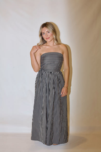 Playing Time Striped Midi Dress-Black/White