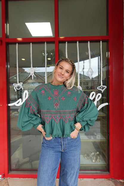 Holly Long Sleeve Knit Top-Green Combo