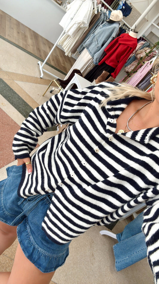 Piper Cardigan- Striped Navy/White