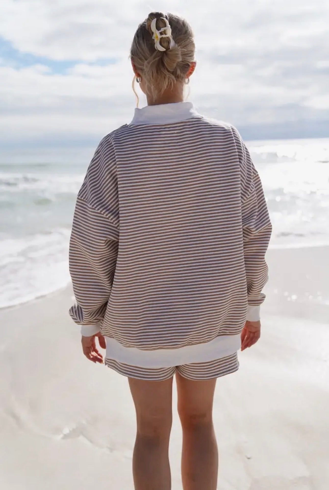 Sunkissed  Mockneck Sweatshirt-Brown & White