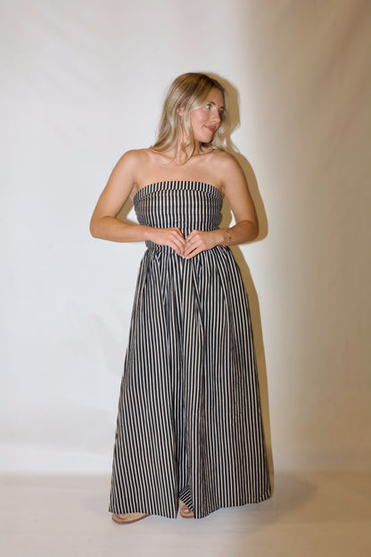 Playing Time Striped Midi Dress-Black/White