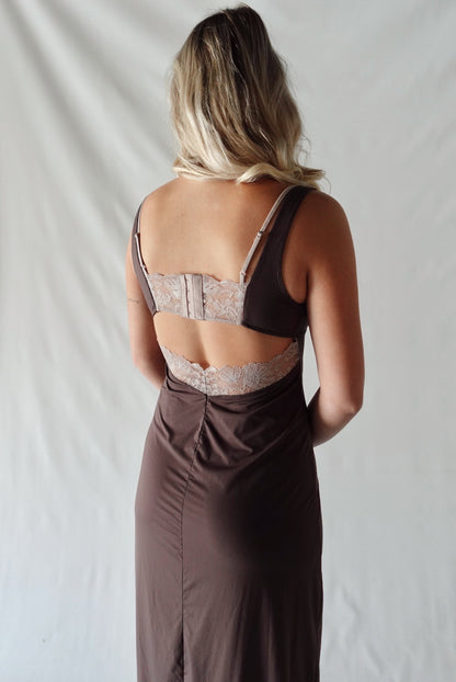 Party Crasher Midi Slip Dress- Brown