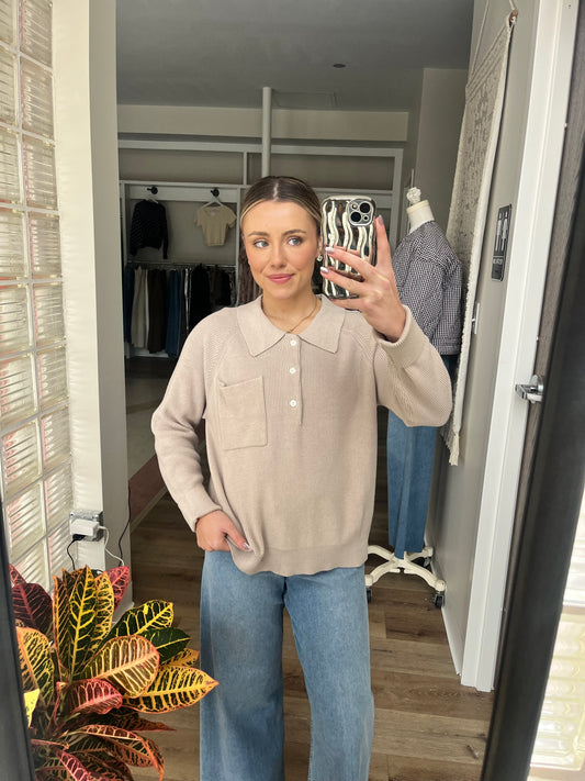Maude Knit Polo Sweater- Lt Mocha