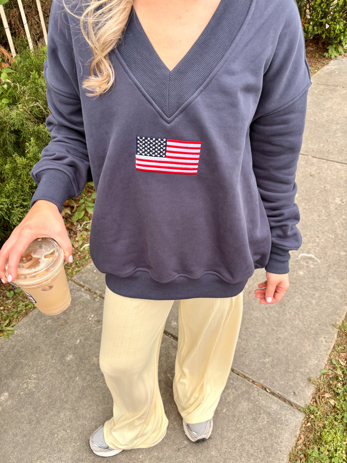 American Flag V-Neck Sweatshirt- Navy Blue