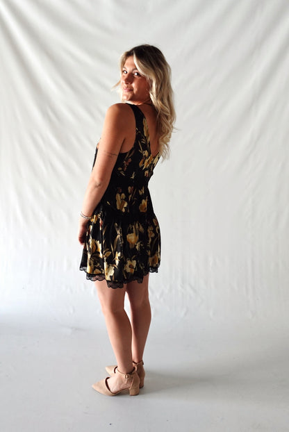 Garden Girl Mini Dress- Black Floral