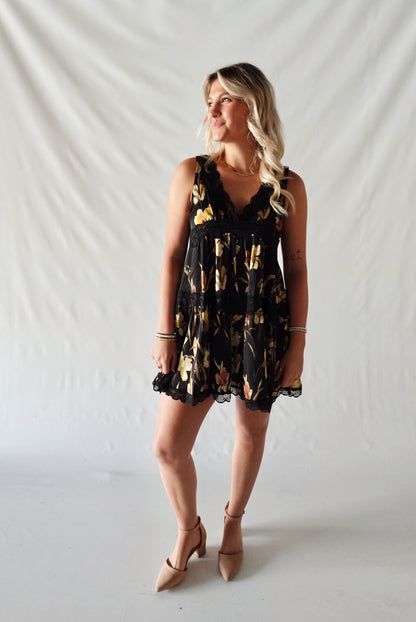 Garden Girl Mini Dress- Black Floral