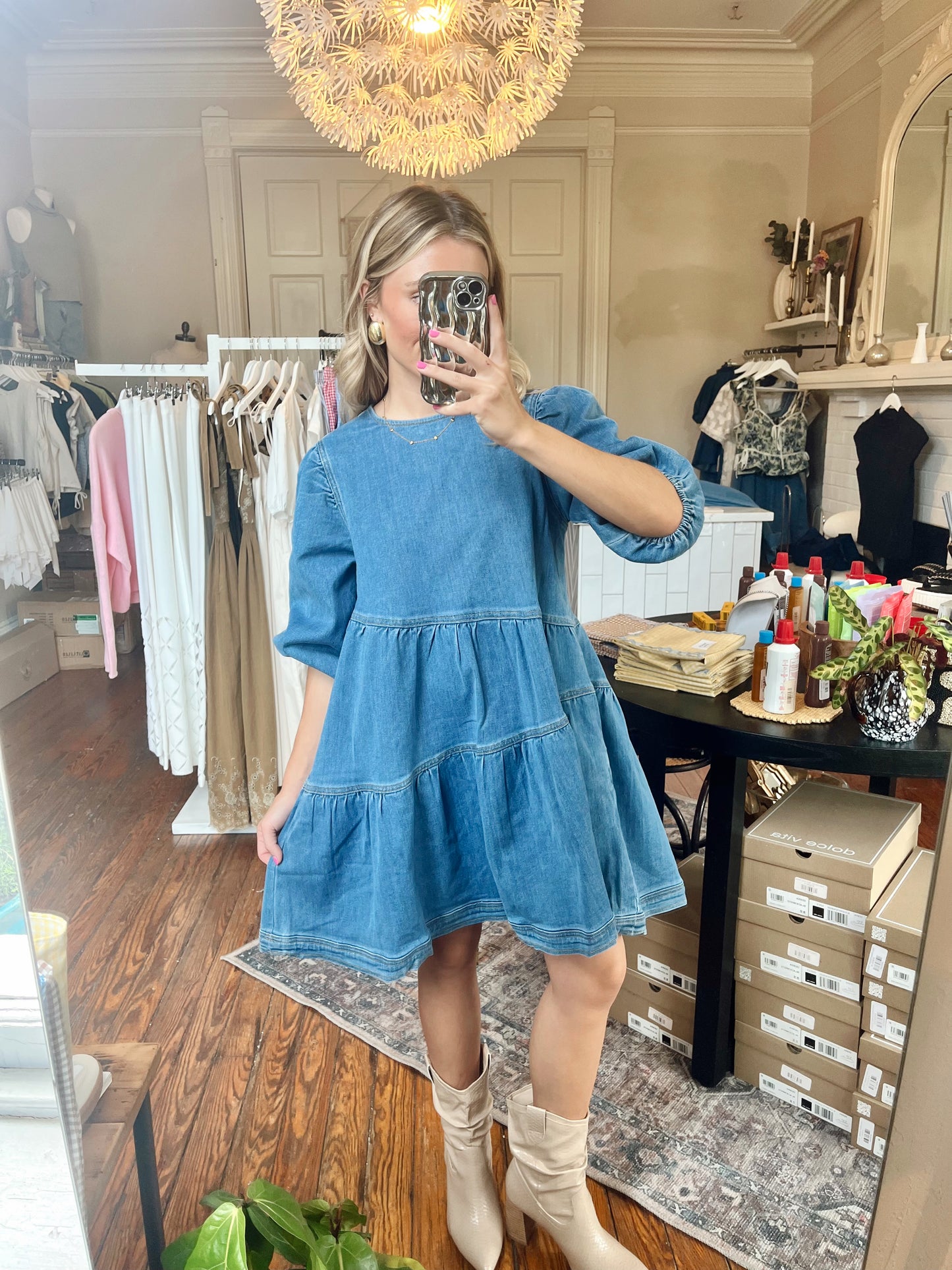 Maddi Tiered Mini Dress- Denim