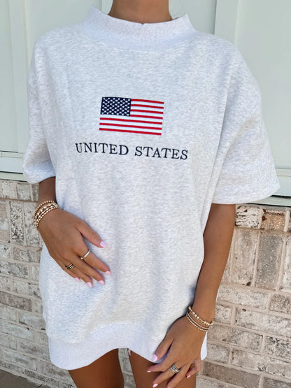USA Flag Mockneck Short Sleeve- Heather Grey