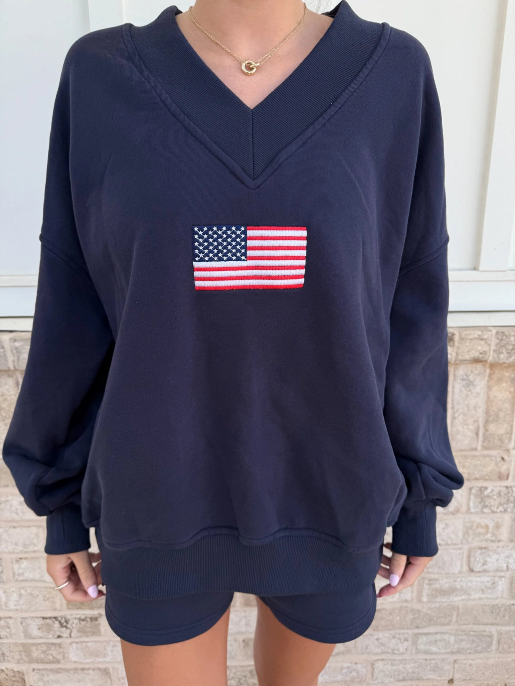 American Flag V-Neck Sweatshirt- Navy Blue