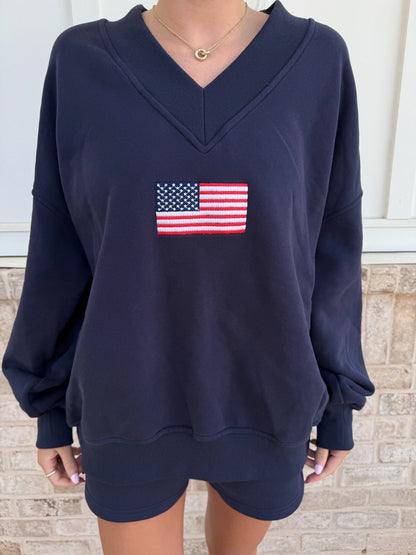 American Flag V-Neck Sweatshirt- Navy Blue