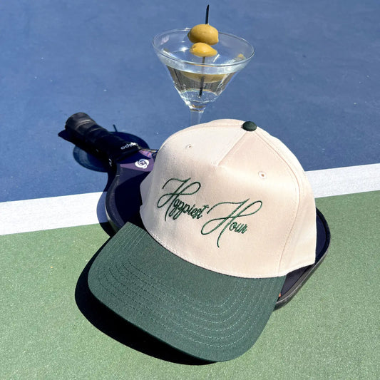 Happiest Hour Embroidered Hat- Dark Green/Natural