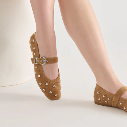 Mikel Stud Ballet Flat-Lt Brown Suede